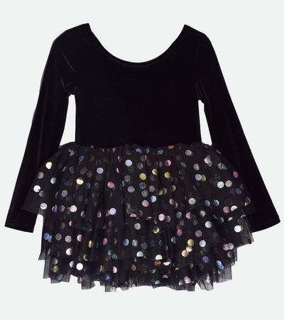 black tutu dress for baby girls in velvet with polka dot skirt
