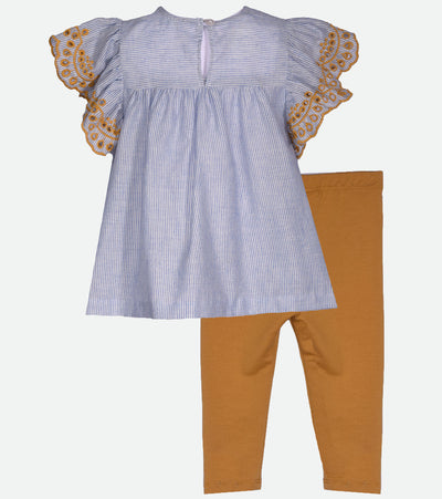  girls outfit sets with blue stiped woven and embroidered flutter to solid knit legging