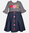 back to school dress with apples applique and denim skirt