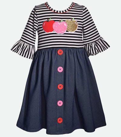 back to school dress with apples applique and denim skirt