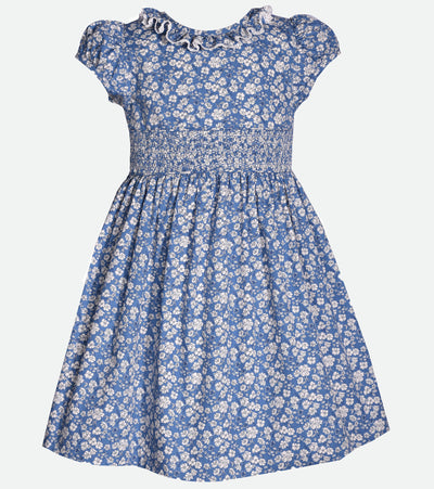 Little Girls Floral Dress Girls Smocked Dress Blue Floral Ruffle