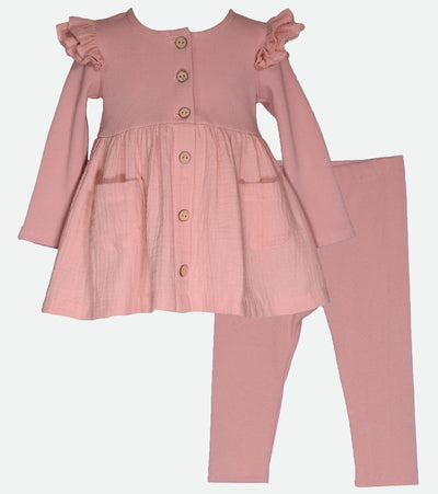 Monochromatic pink legging set with flutter sleeves and faux buttons