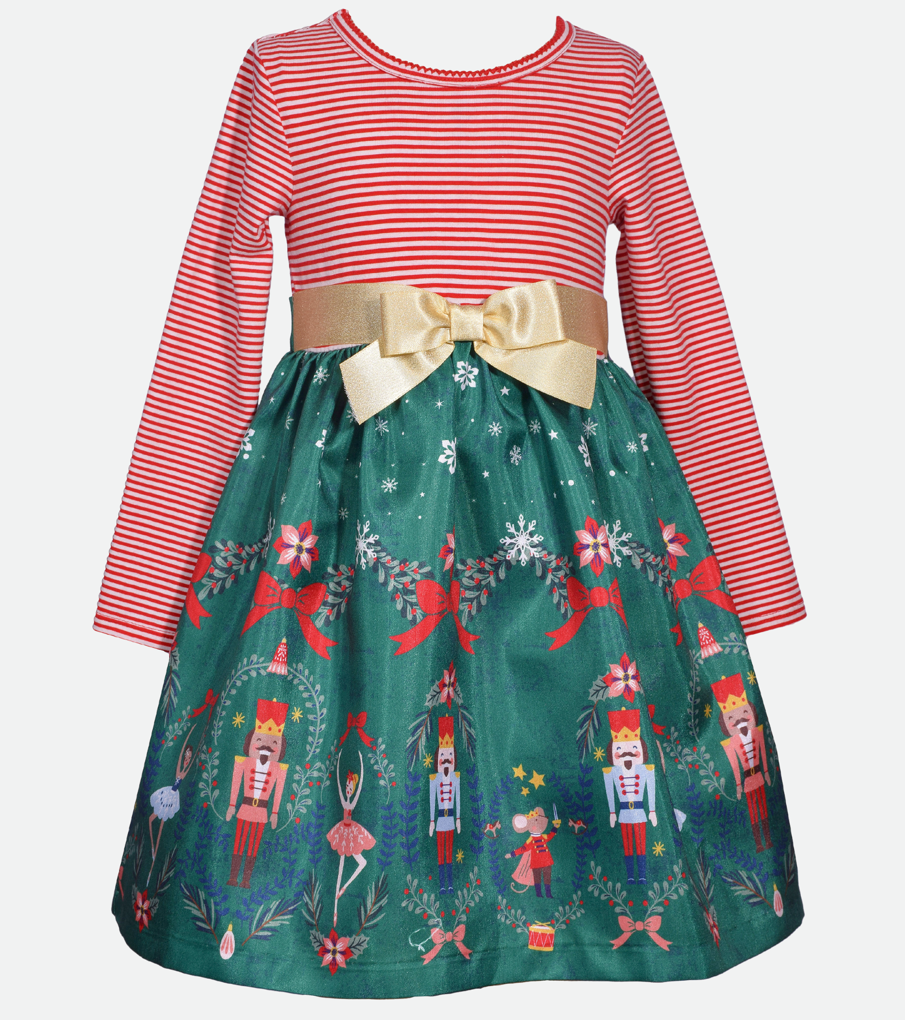 Bonnie Jean Toddler Girls Striped Nutcracker Printed Dress Green 2T