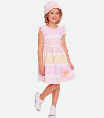 Yellow and pink striped sundress with matching hat cotton dress for girls 