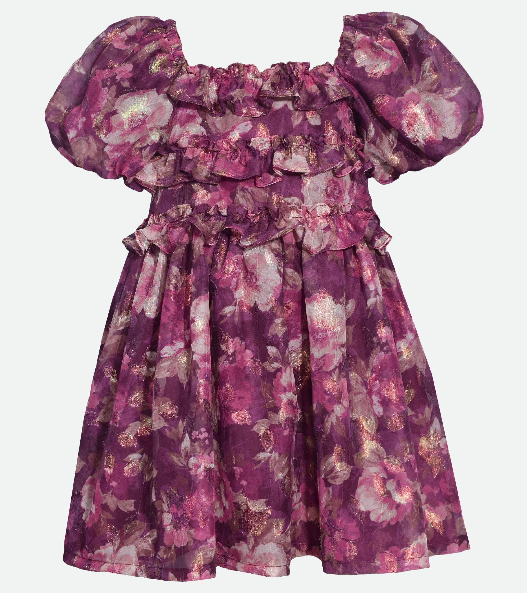 purple floral puff sleeve chiffon party dress for girls