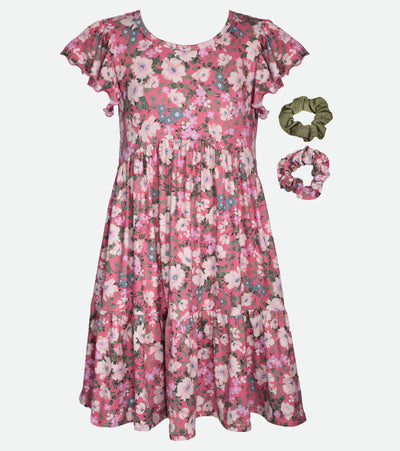 Tween Girls Dress Floral Dress Matching Scrunchies  Matching Sisters Dresses