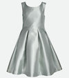 Tween Girls Party Dress Silver with asymmetrical piecing and exaggerated pleats.