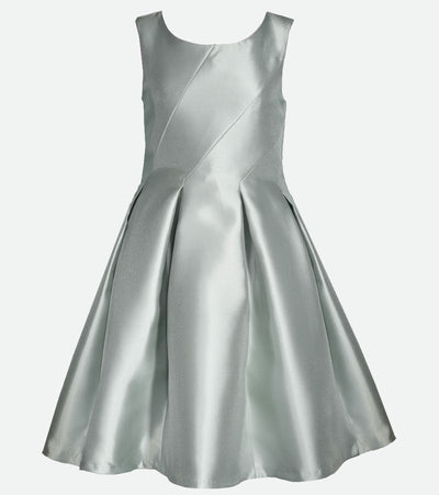 Tween Girls Party Dress Silver with asymmetrical piecing and exaggerated pleats.