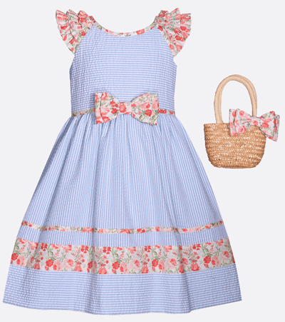 Matching Sister Seersucker and Floral Dress with Purse for Girls