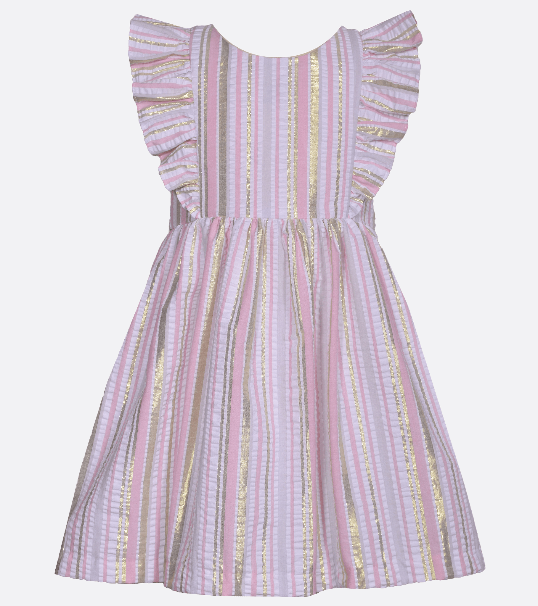 Girls Pink Gold Seersucker Pinafore Flutter Sleeve Party Dress 