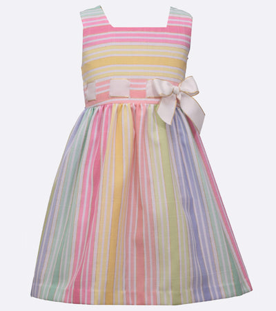 Girls matching Easter Dress Multi stripe linen with bow