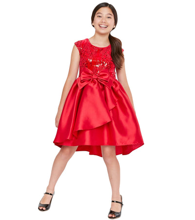 Red girls Christmas party dress with sequined stretch velvet and high low taffeta skirt 