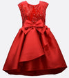 Red girls Christmas party dress with sequined stretch velvet and high low taffeta skirt