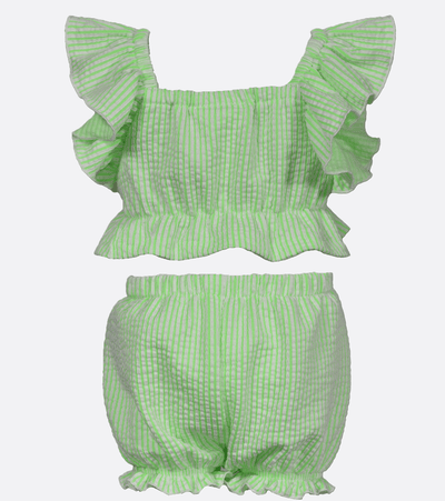 baby girls  outfit neon striped green ruffle shorts set