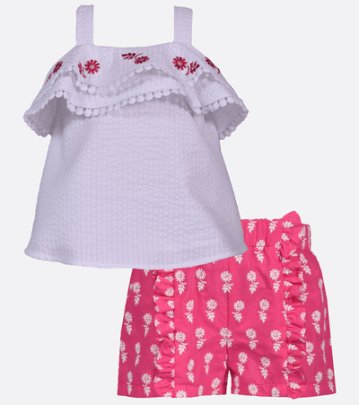 Girls shorts set outfit with floral embroidery ruffle top